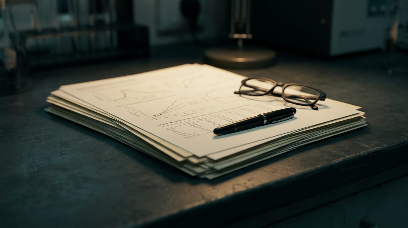 A stack of printed scientific report pages with charts, a pen and reading glasses on a dark desk.