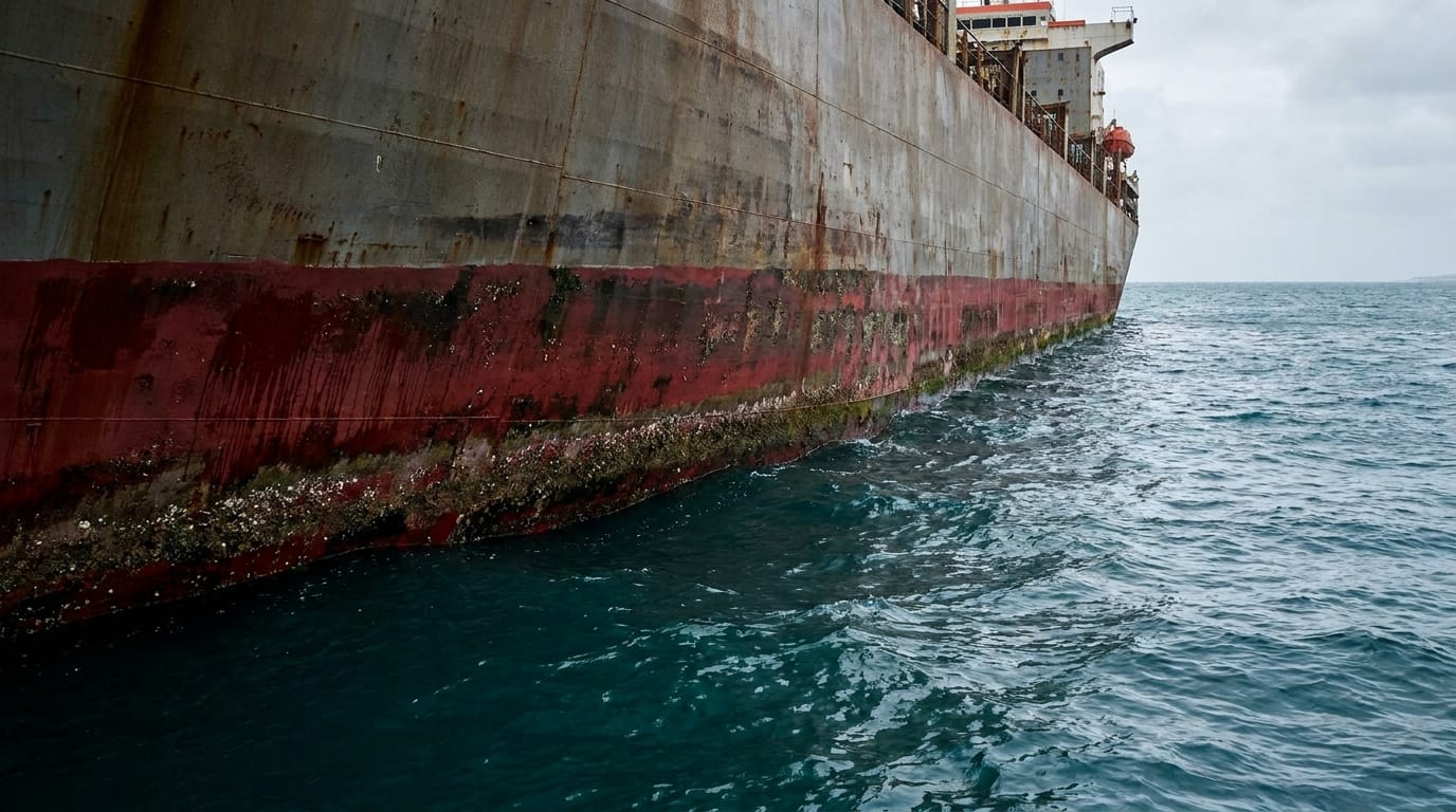 A commercial ship hull at the waterline, its red antifouling paint band meeting the sea