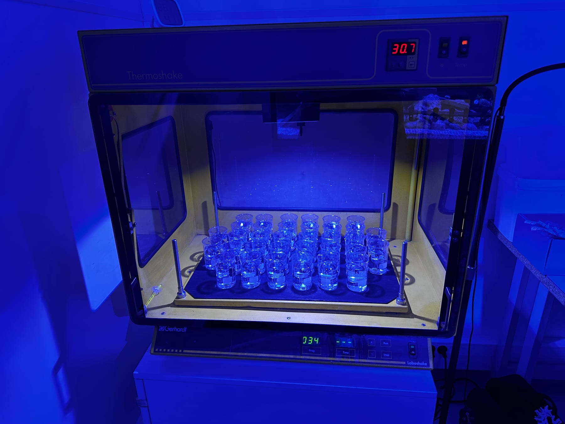 The exposure incubator glowing blue in the darkened ReefTox laboratory